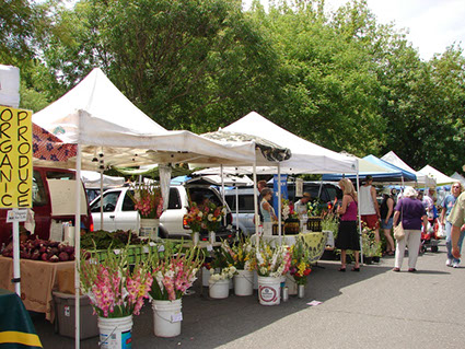 Showing downtown Chico's Farmers Market. Lots of fresh flowers and more!